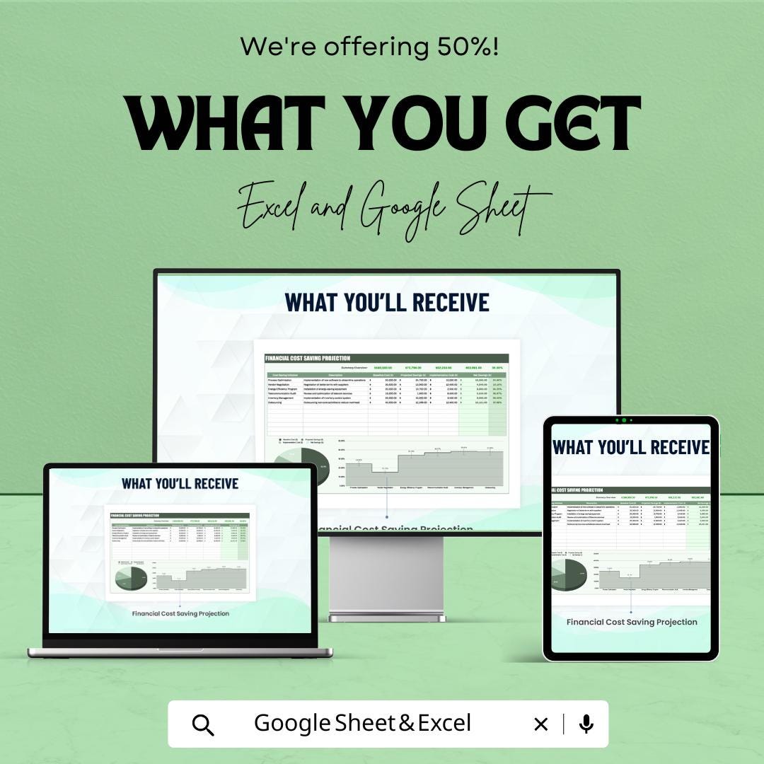 Financial Cost Saving Projection Template | Cost Analysis, Savings Forecast, Budget Planning, Financial Modeling Template