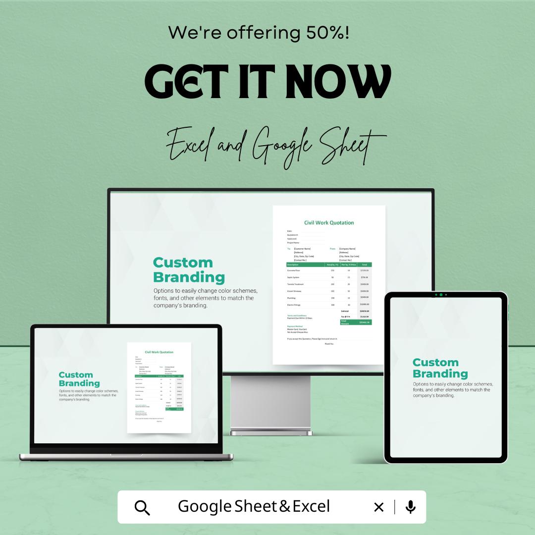 Civil Work Quotation Sheet | Excel & Google Sheets Template | Construction Quotation Form | Building Estimate Tracker | Professional Quote