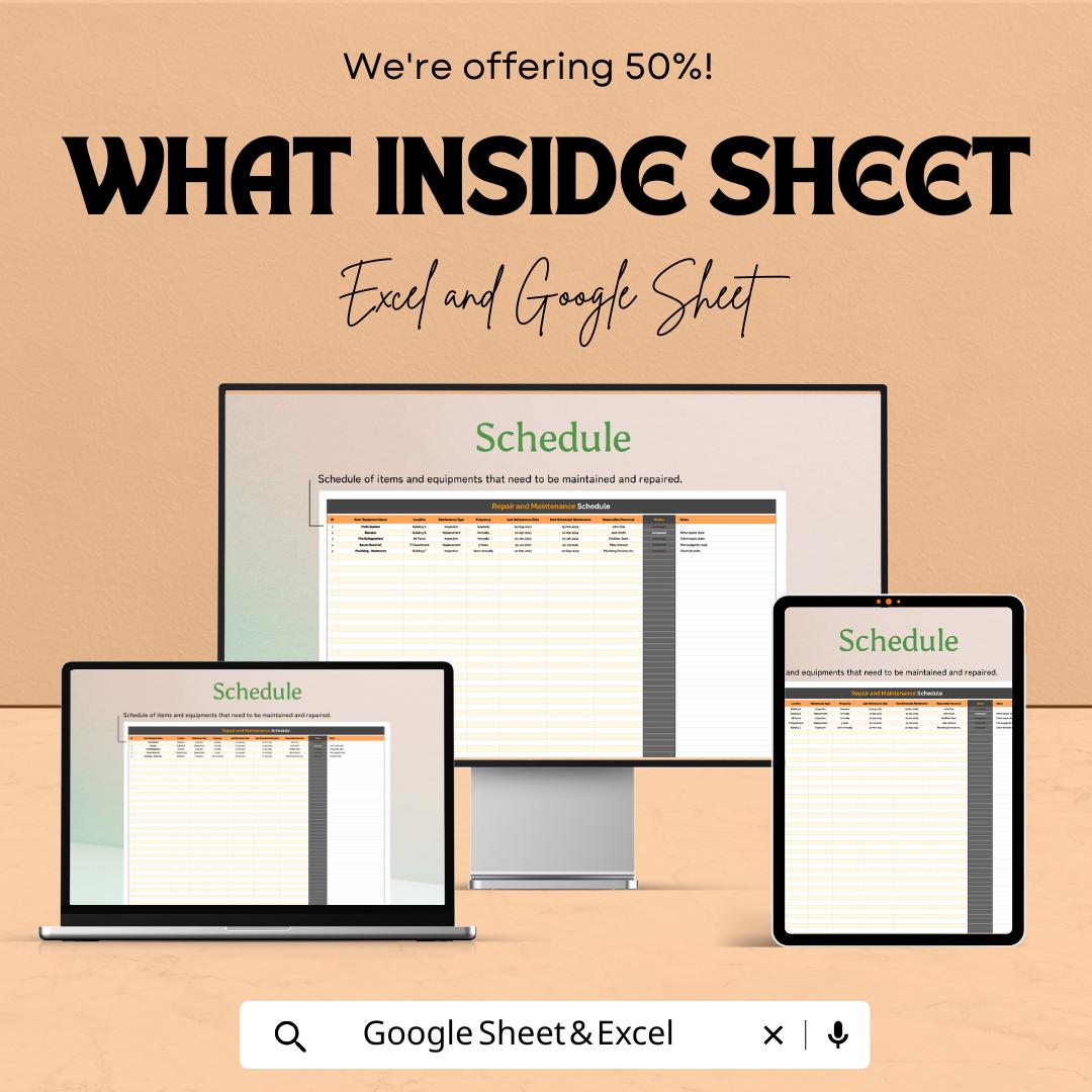 Repair and Maintenance Schedule Sheet | Excel and Google Sheets Template | Task Planning, Equipment Maintenance & Resource Allocation |