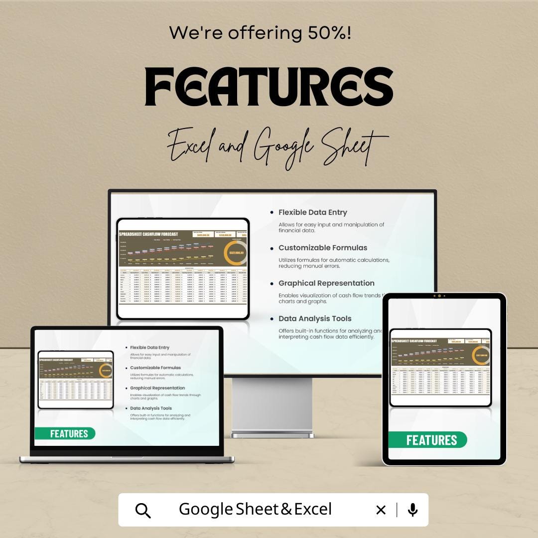 Spreadsheet Cashflow Forecast Template Excel & Google Sheets, Cash Flow Forecast Spreadsheet, Business Financial Forecast Tool