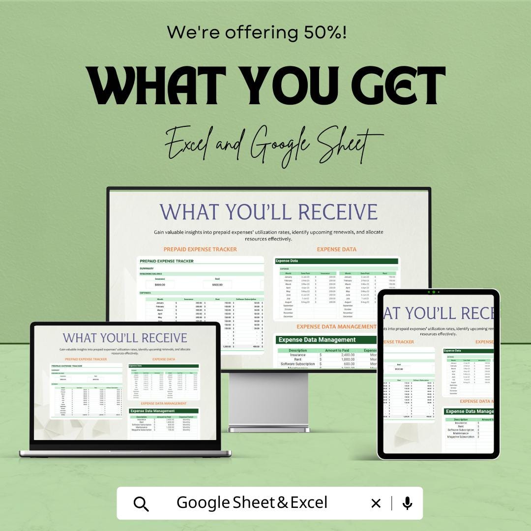 Prepaid Expense Tracker Template | Prepaid Expense Schedule | Expense Tracking Spreadsheet | Excel & Google Sheets Budget Tool