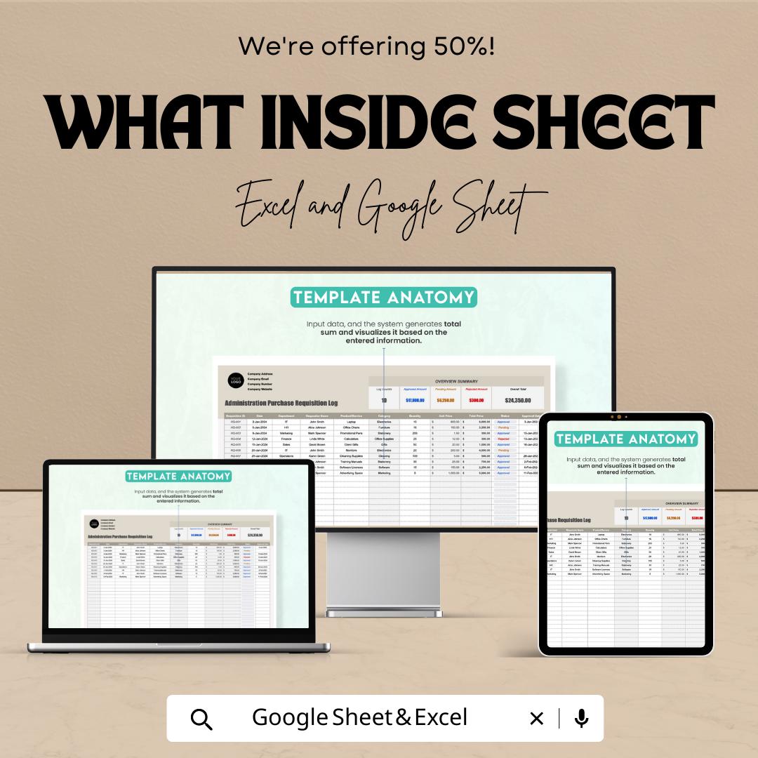 Administration Purchase Requisition Log Template, Purchase Request Tracker, Procurement Log Spreadsheet, Excel & Google Sheets