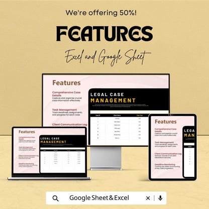 Law Firm Case Management Spreadsheet, Legal Case Tracker, Attorney Case Log, Client & Court Tracking, Law Office Organizer