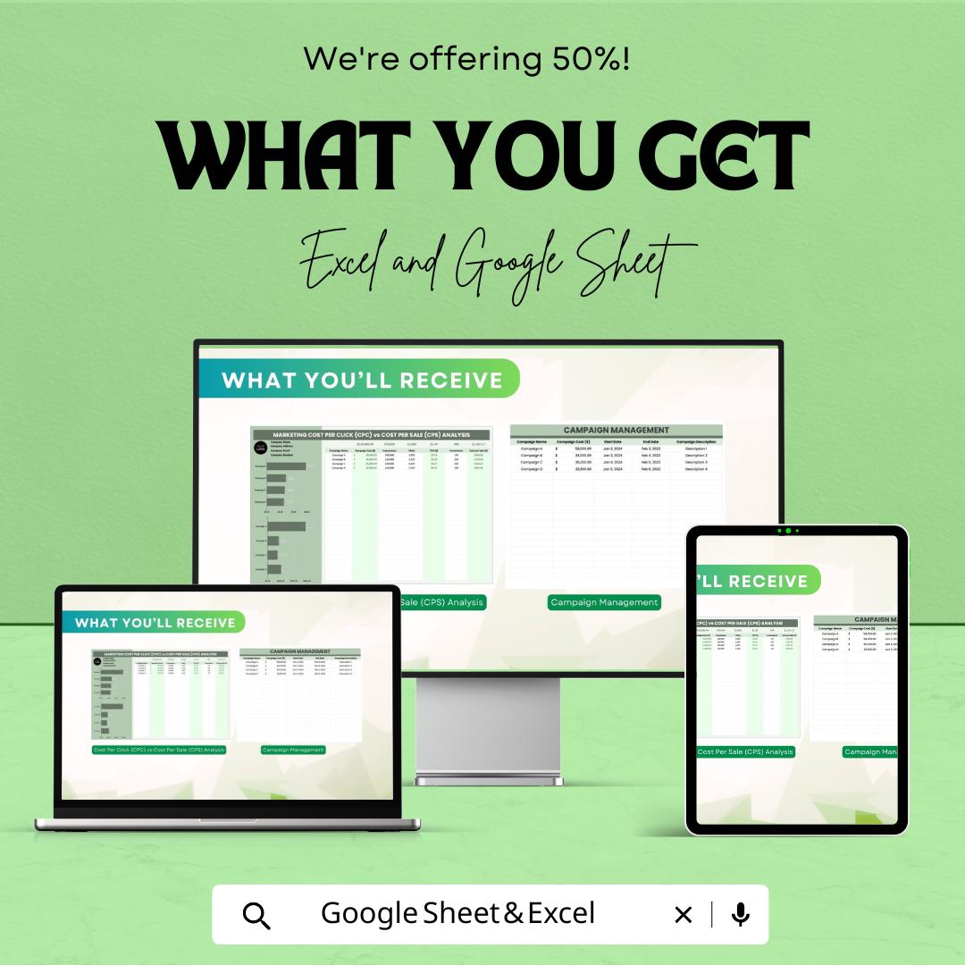 Marketing CPC vs CPS Analysis Template | Excel and Google Sheets | Cost Per Click & Cost Per Sale Tracker | Marketing ROI Spreadsheet