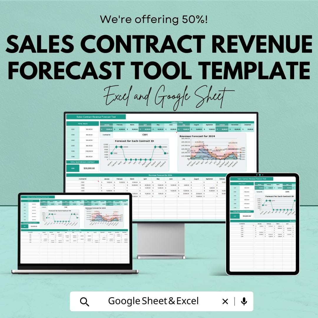 Sales Contract Revenue Forecast Tool Template | Revenue Forecast Google Sheets | Contract Tracking Spreadsheet | Sales Projection Template |