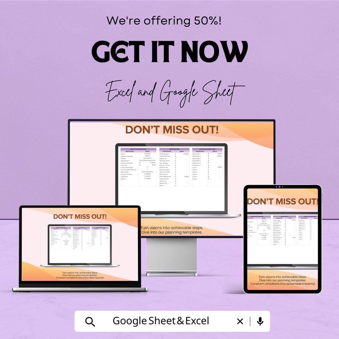 Simple Salary Slip Sheet | Excel & Google Sheets | Customizable | Easy to Use | Employee Payroll Template