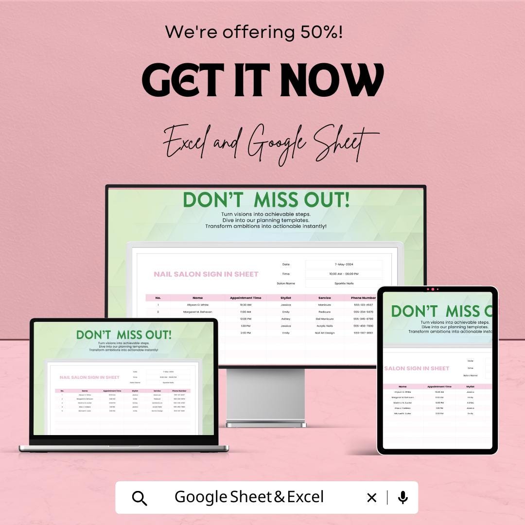 Nail Salon Sign-in Sheet Template - Excel and Google Sheets - Salon Appointment Scheduling - Track Clients & Services - Easy to Use