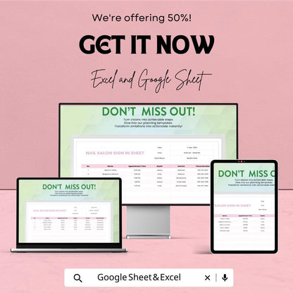 Nail Salon Sign-in Sheet Template - Excel and Google Sheets - Salon Appointment Scheduling - Track Clients & Services - Easy to Use