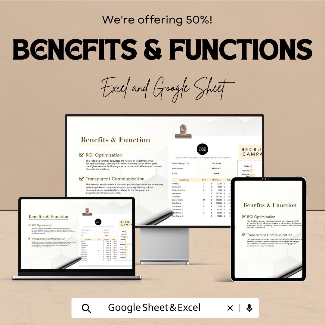 Recruitment Campaign ROI Calculator, HR Hiring Cost Template, Recruitment Budget Tracker, Hiring ROI Spreadsheet, Excel Google Sheets