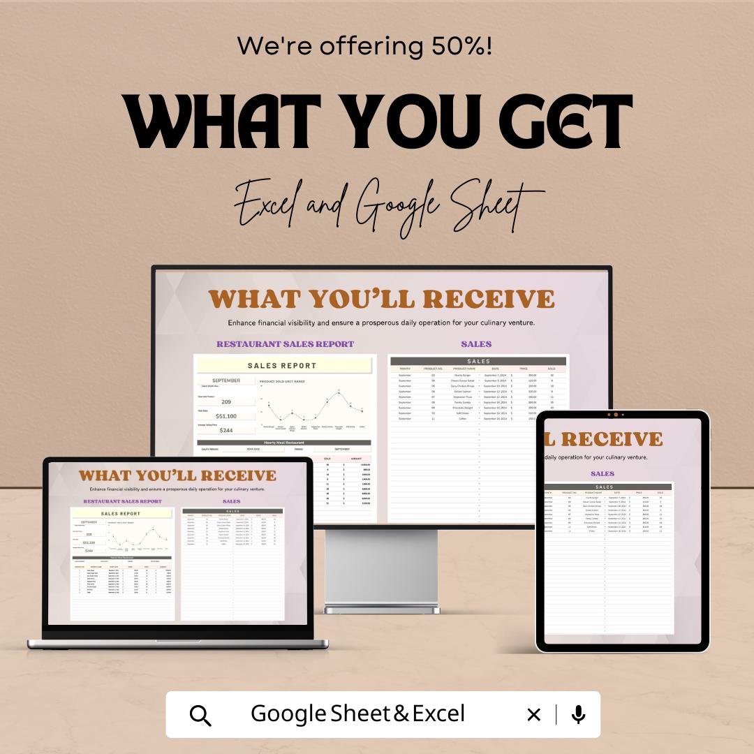 Restaurant Sales Daily Report Template | Daily Sales Tracker | Restaurant Revenue Report | POS Sales Summary Spreadsheet