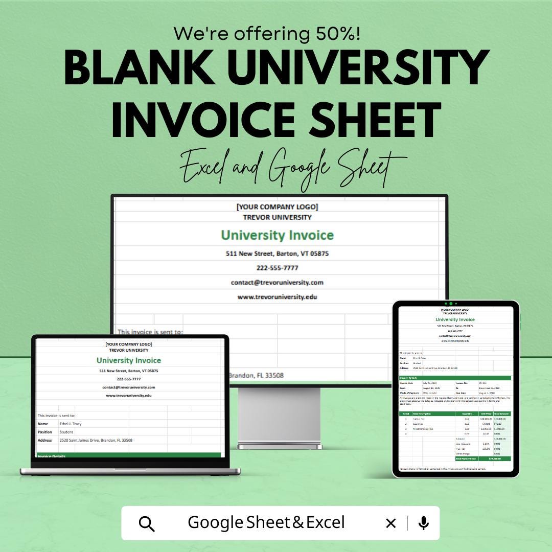 Blank University Invoice Template - Customizable Excel and Google Sheets - Professional & Easy-to-Use
