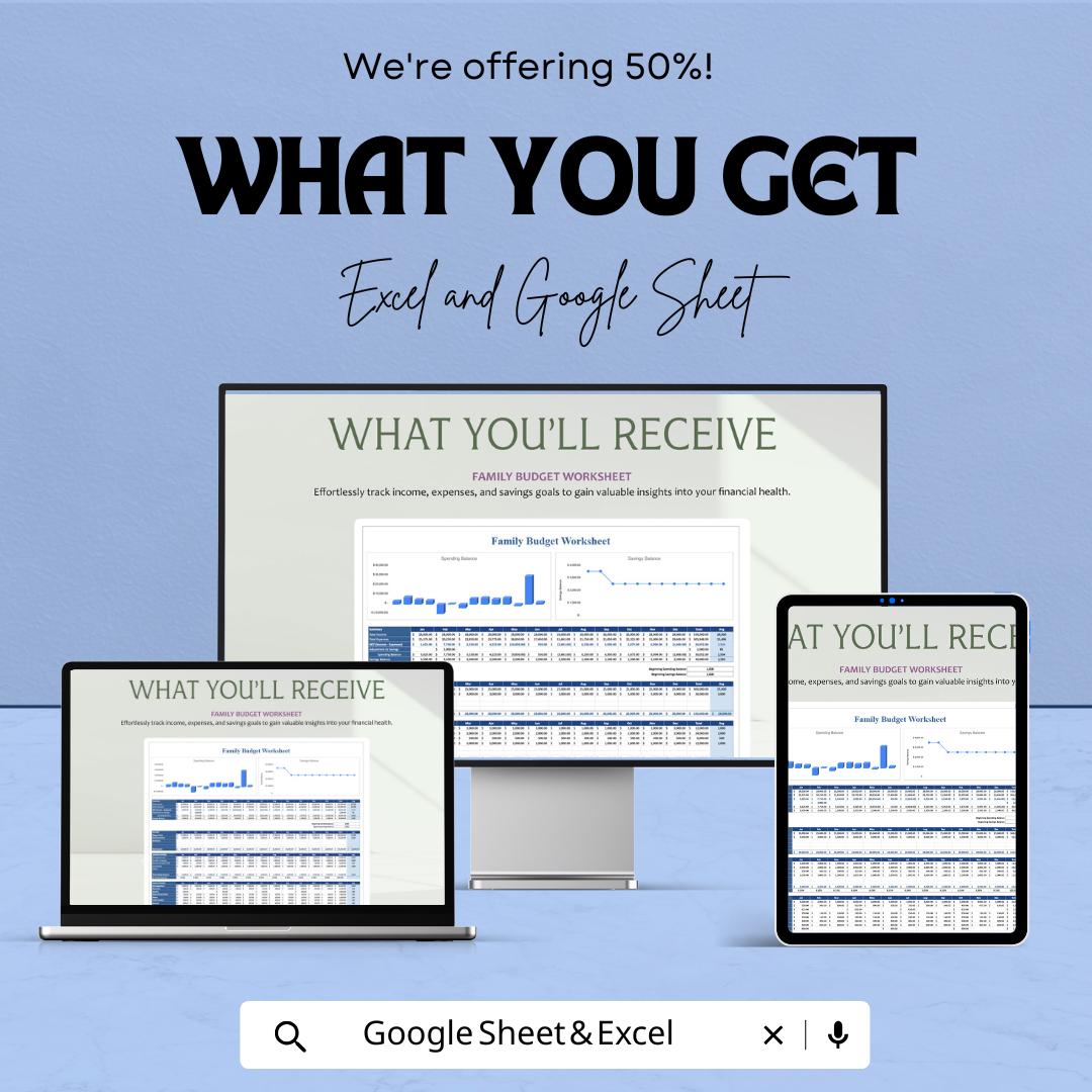 Family Budget Worksheet | Excel and Google Sheet Template | Personal Finance & Household Budget Tracker