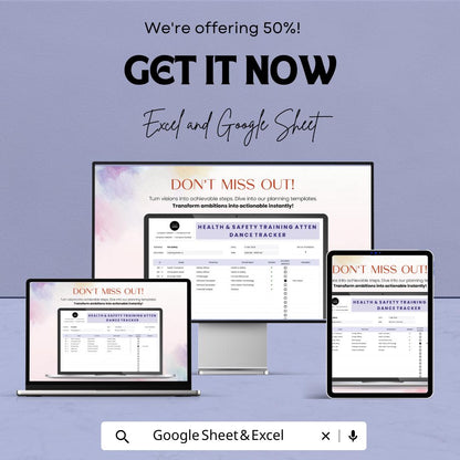 Health and Safety Training Attendance Tracker, Safety Training Log Template, Employee Training Record, Excel and Google Sheets HR Template