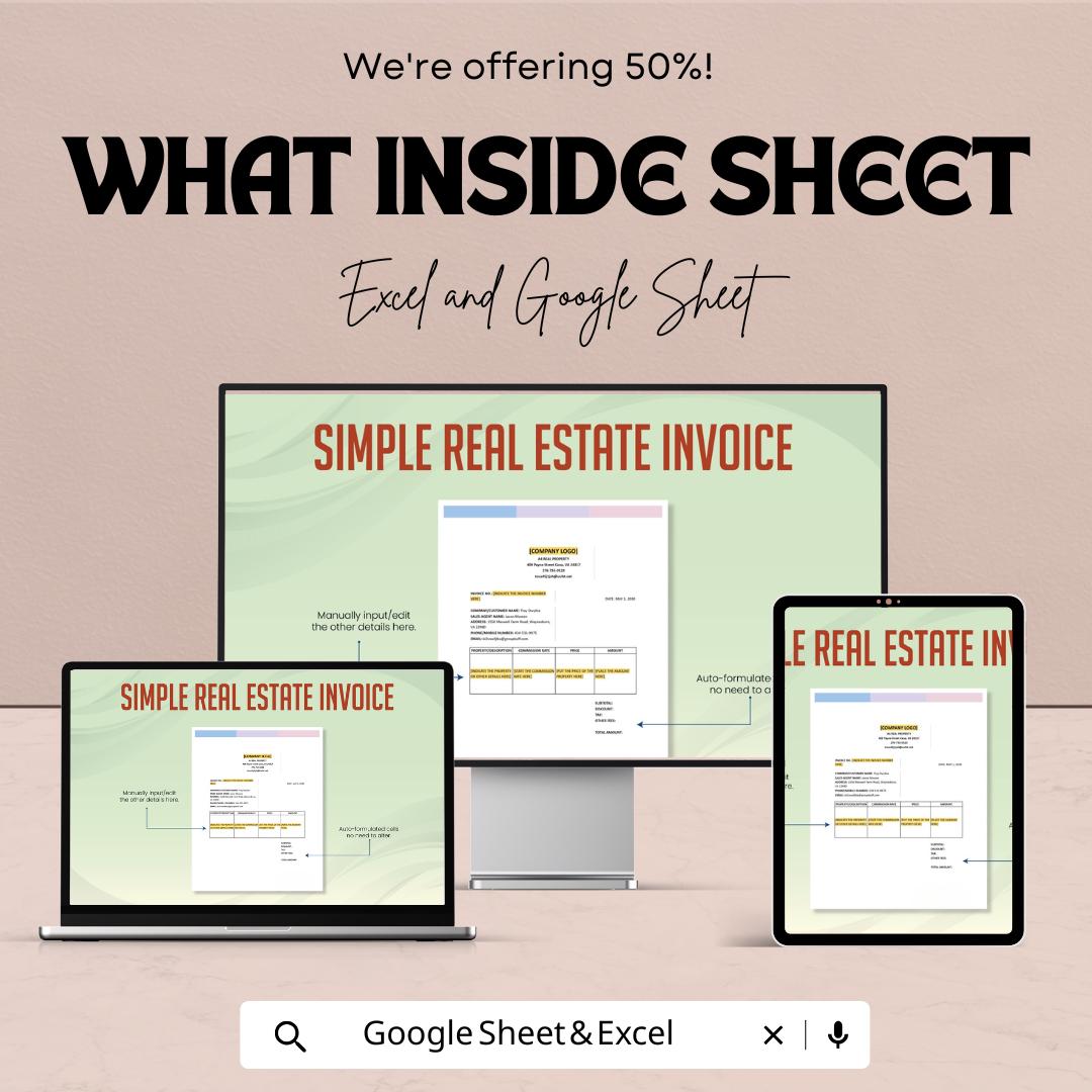 Simple Real Estate Invoice Template - Excel & Google Sheets - Easy-to-Use Invoice Tracker for Property Rentals