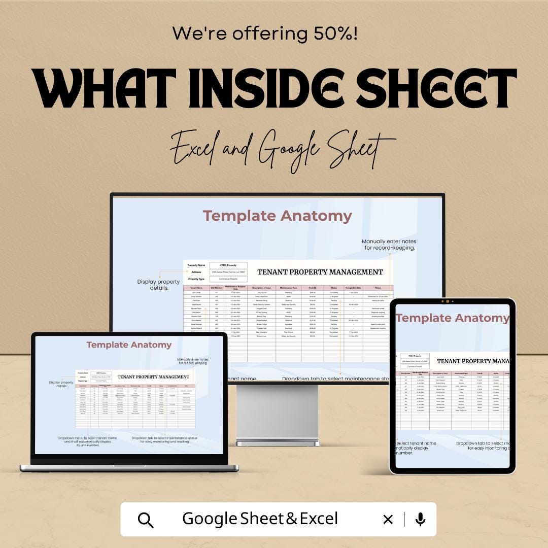 Tenant Property Management Template, Rental Management Spreadsheet, Landlord Tenant Tracker, Maintenance Log
