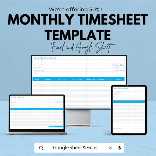 Monthly Timesheet Template | Employee Work Hours Tracker | Payroll Time Log Spreadsheet | Excel & Google Sheets | Printable Time Sheet Form