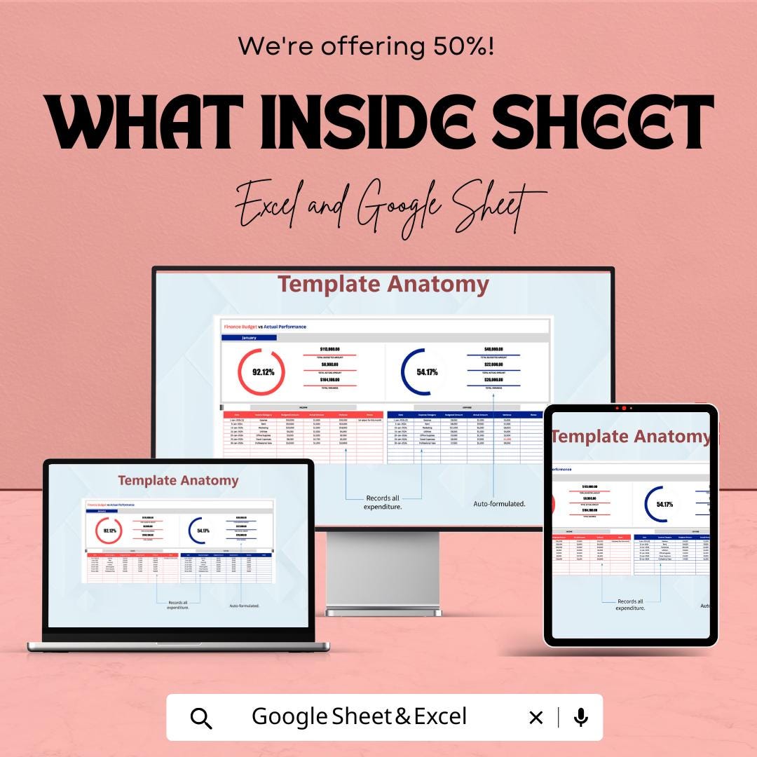Finance Budget vs Actual Performance Sheet - Excel & Google Sheet Template for Financial Tracking