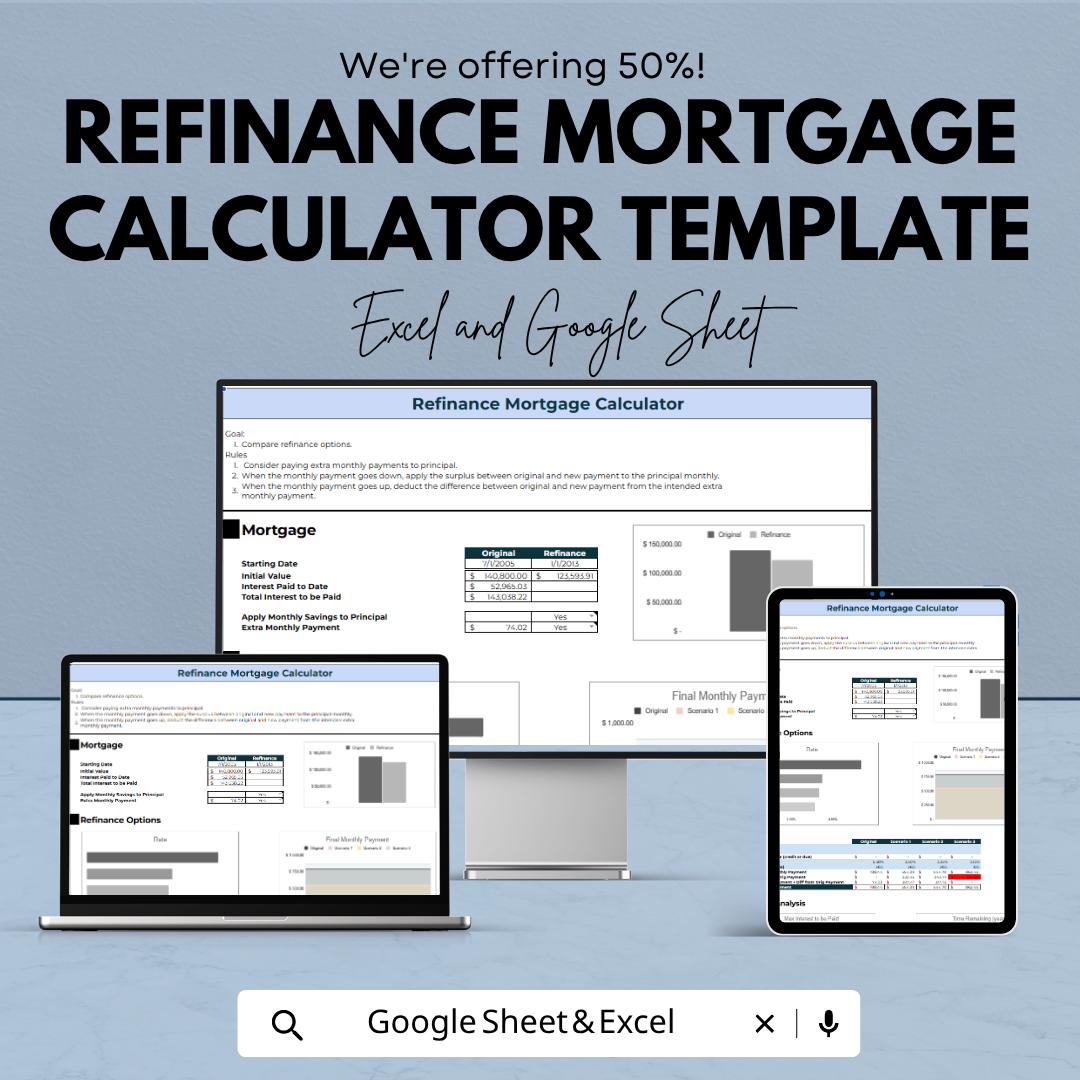 Refinance Mortgage Calculator Excel | Mortgage Refinance Spreadsheet | Loan Comparison Calculator | Amortization Tool