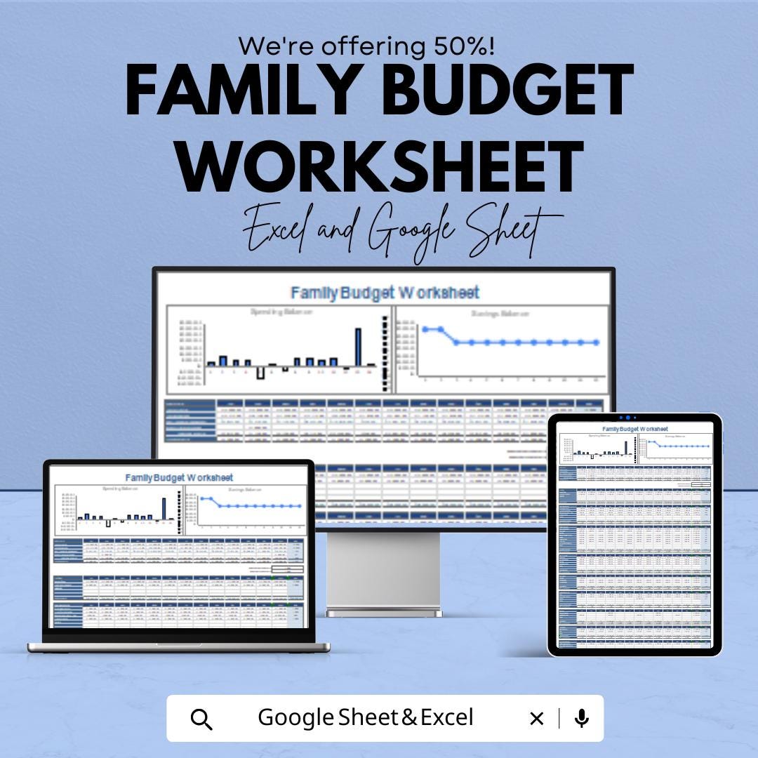 Family Budget Worksheet | Excel and Google Sheet Template | Personal Finance & Household Budget Tracker