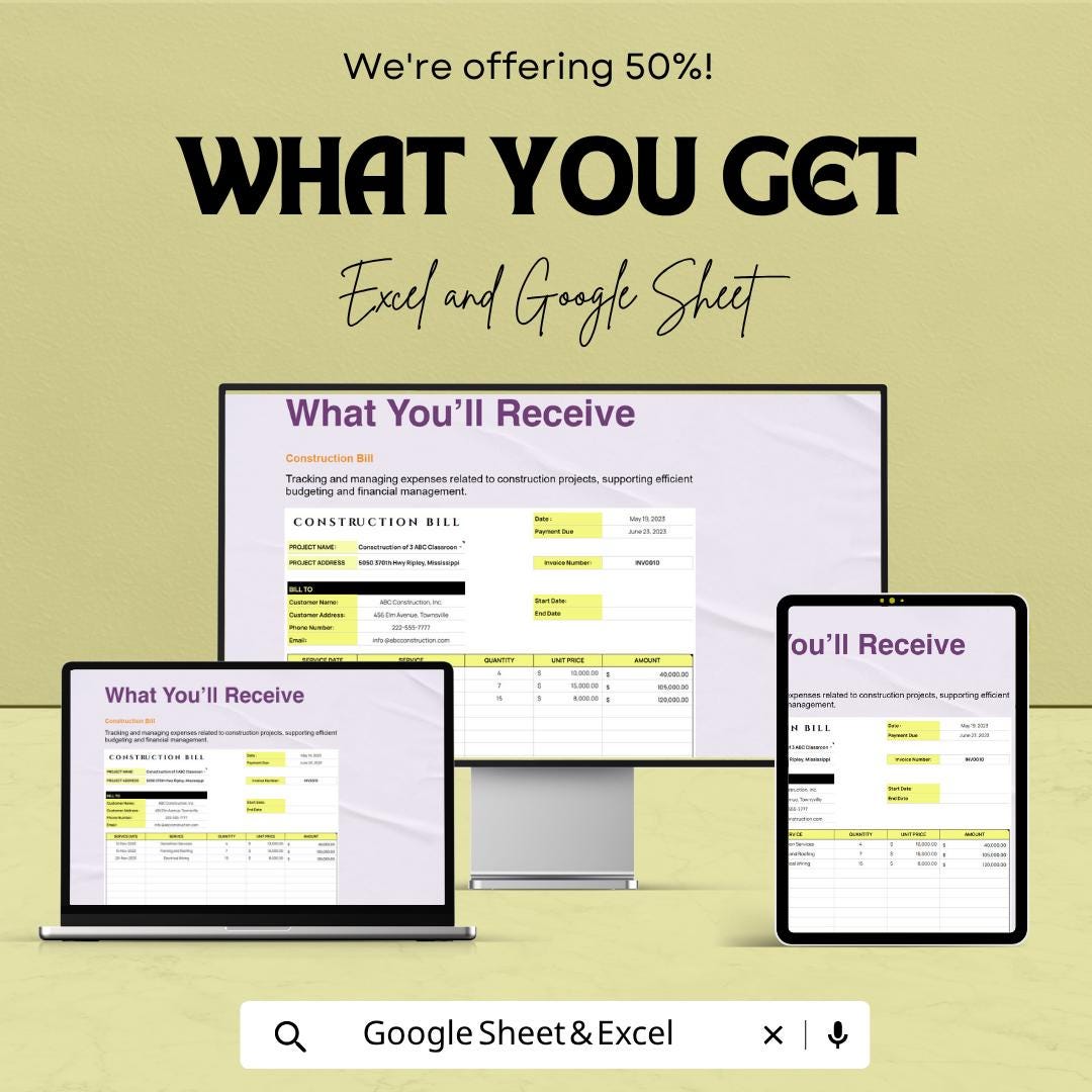 Construction Bill Template | Excel Invoice Spreadsheet | Google Sheets Construction Invoice | Contractor Billing Template | Project Expense