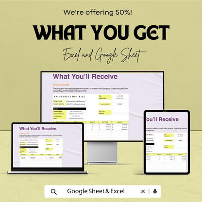 Construction Bill Template | Excel Invoice Spreadsheet | Google Sheets Construction Invoice | Contractor Billing Template | Project Expense