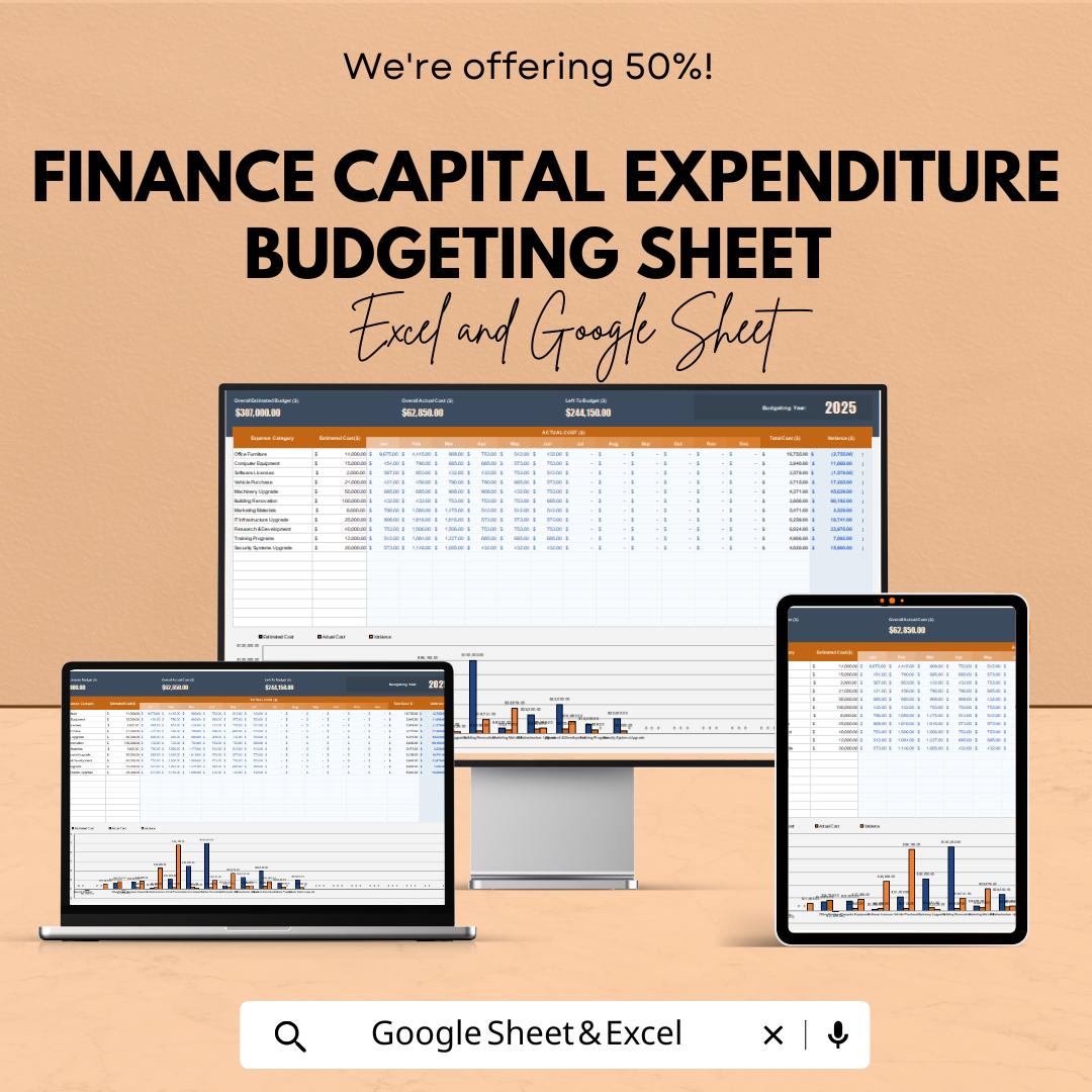 Finance Capital Expenditure Budgeting Sheet | Excel & Google Sheets Template for Budget Planning | Capital Expenditure Tracker