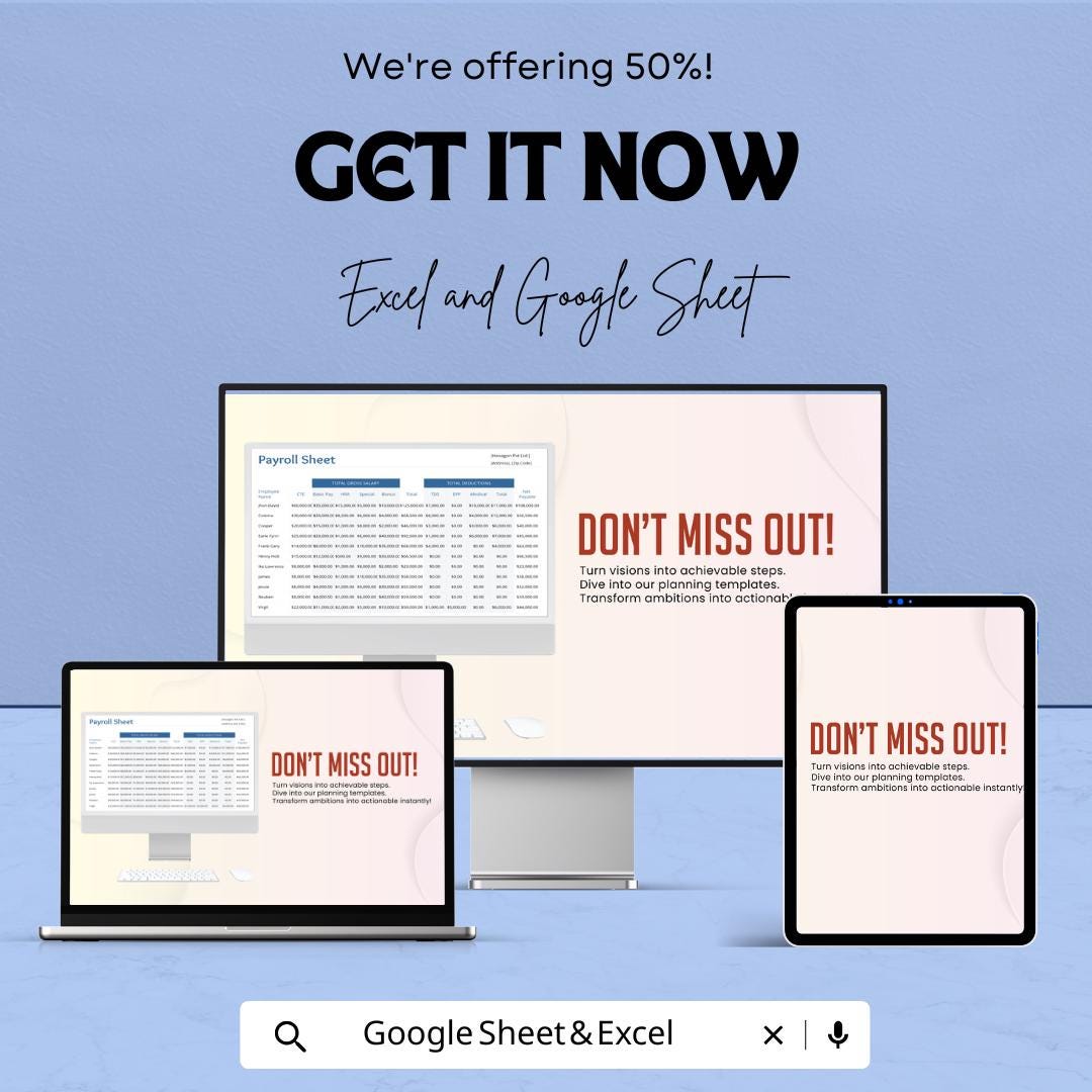 Payroll Sheet Template for Excel and Google Sheets | Instant Download | 50% Off | Organize Employee Salaries & Deductions