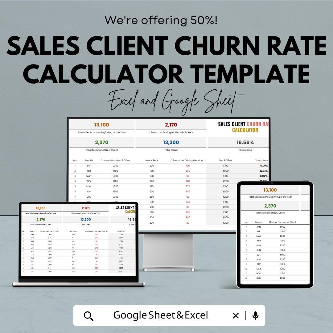 Sales Client Churn Rate Calculator Template | Excel & Google Sheets | Customer Churn Analysis Spreadsheet | Retention Tracker