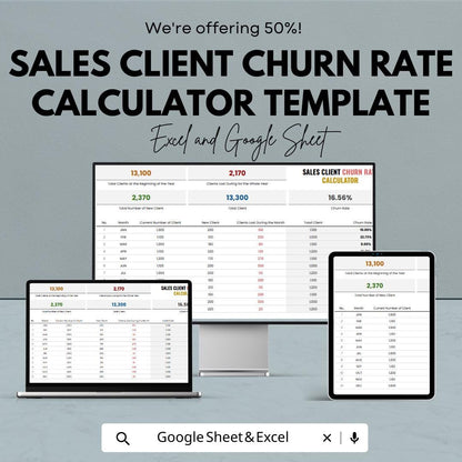 Sales Client Churn Rate Calculator Template | Excel & Google Sheets | Customer Churn Analysis Spreadsheet | Retention Tracker