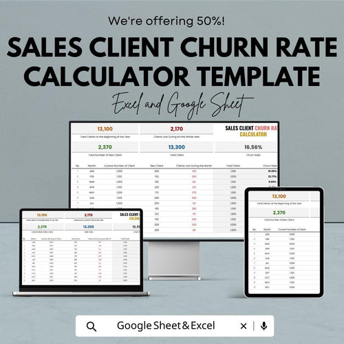 Sales Client Churn Rate Calculator Template | Excel & Google Sheets | Customer Churn Analysis Spreadsheet | Retention Tracker