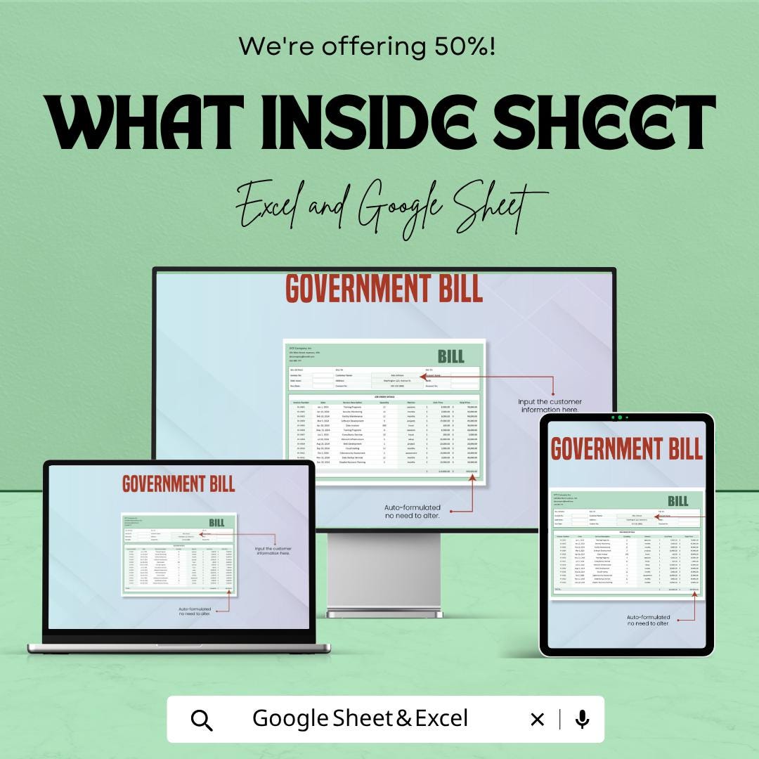 Government Bill Template | Government Invoice Spreadsheet | Official Billing Template | Excel & Google Sheets | Public Sector Payment Sheet