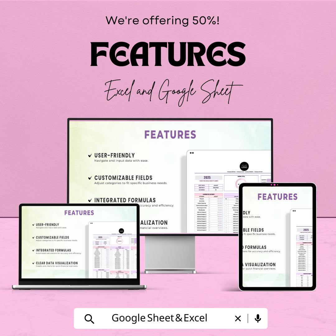 Marketing Annual Budget Planner Sheet | Financial Planning Template | Budget Allocation Excel & Google Sheets | Business Strategy Tool