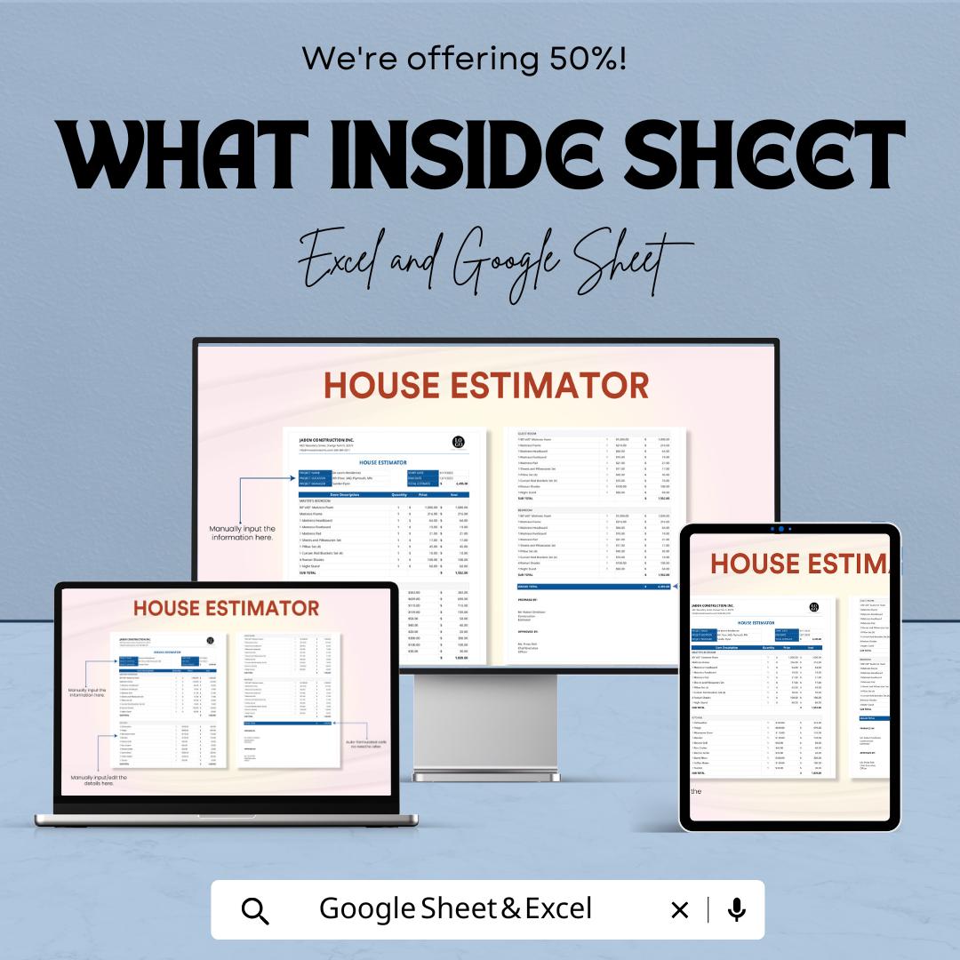 House Estimator Template | Construction Cost Estimate sheets | Home Building Budget Planner | Excel & Google Sheet Project Estimation Tool