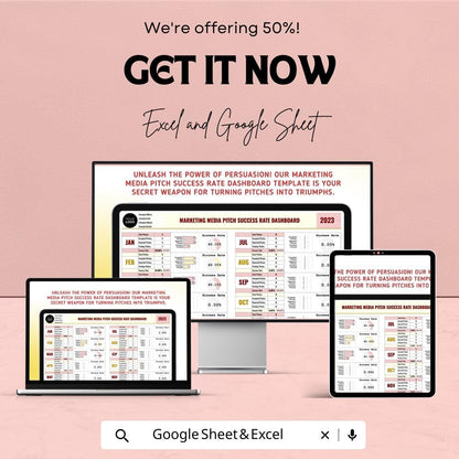 Marketing Media Pitch Success Rate Dashboard | Excel and Google Sheets | Track Media Pitches & Success | Marketing Template for Campaigns