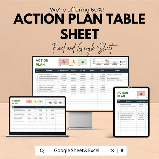 Action Plan Table Sheet - Excel and Google Sheet Template for Project Management | Task Tracker, Priority Setting & Deadline Tracker