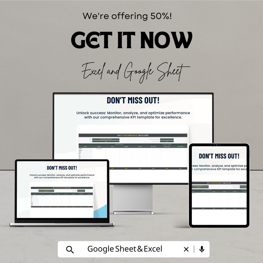 KPI Template | Excel & Google Sheets | Key Performance Indicator Dashboard, Business Metrics Tracker, Sales KPI Report Template