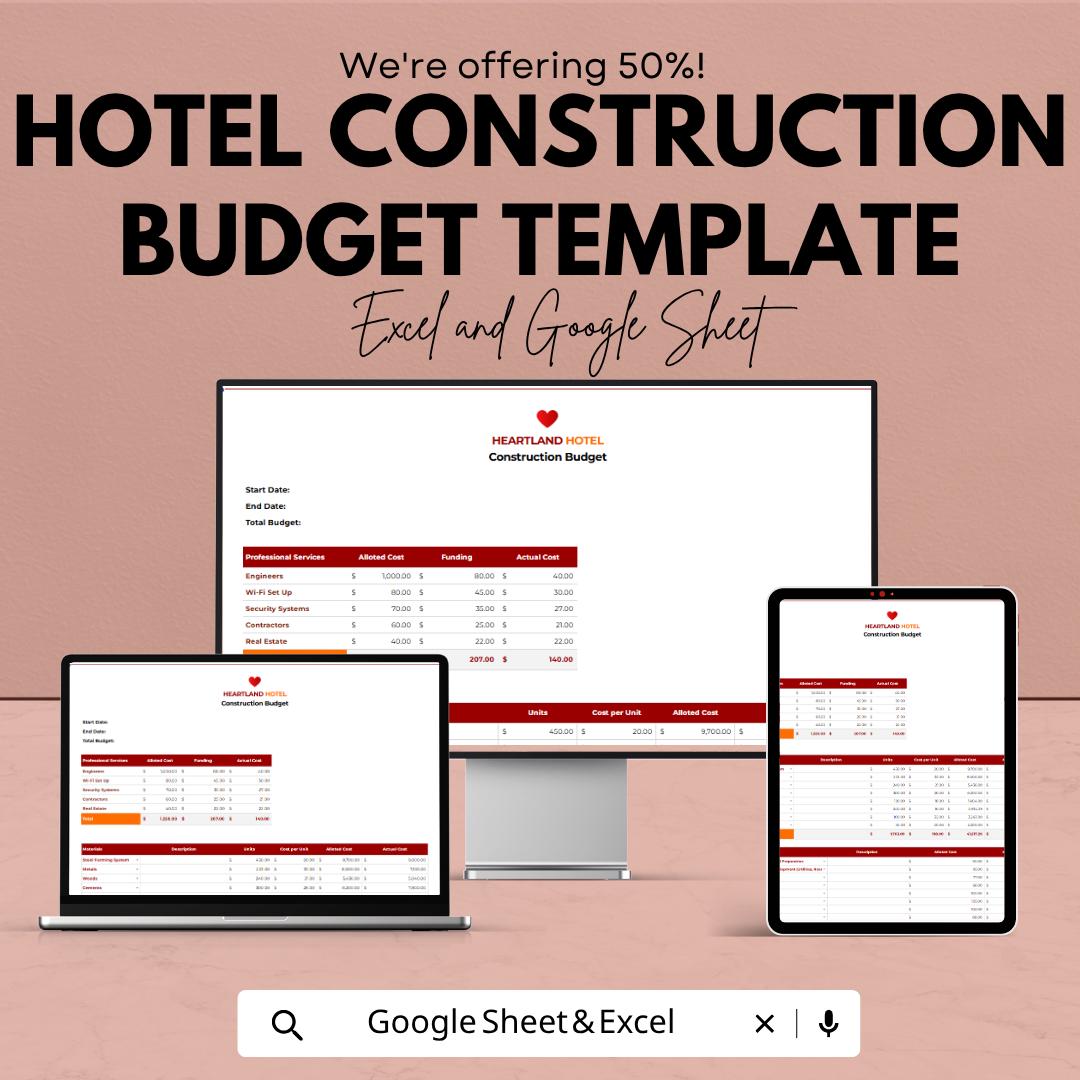 Hotel Construction Budget Template | Construction Budget Spreadsheet | Project Cost Estimator | Building Budget Planner