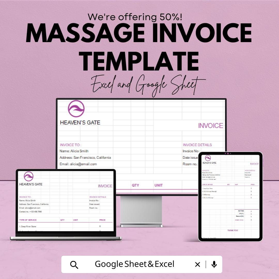 Massage Invoice Template | Spa Therapist Billing Sheet | Editable Massage Therapy Receipt | Wellness Business Invoice Form