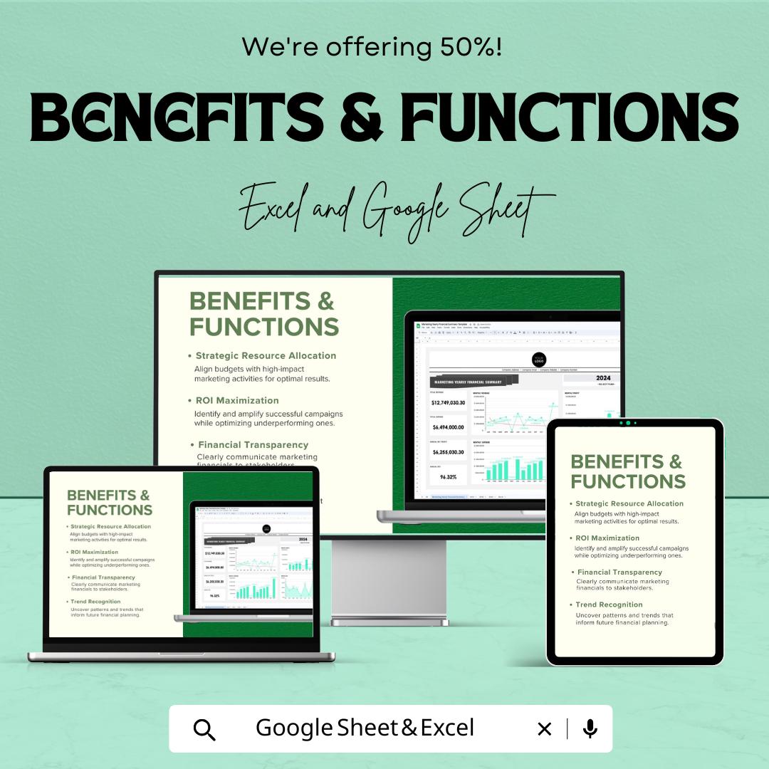 Marketing Yearly Financial Summary Template | Annual Budget Planner | Marketing Finance Dashboard | Expense & Revenue Tracker