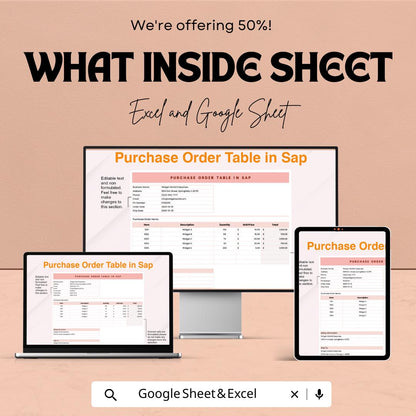 Purchase Order Table in SAP Template | Business Procurement Tracker | Excel & Google Sheet | Vendor Order Management Spreadsheet