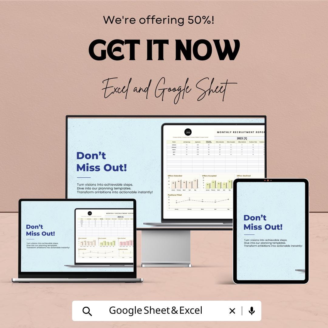 Monthly Recruitment Report HR Sheet - Excel & Google Sheets | Recruitment Tracking Template | HR Data Analysis | Job Openings Report |
