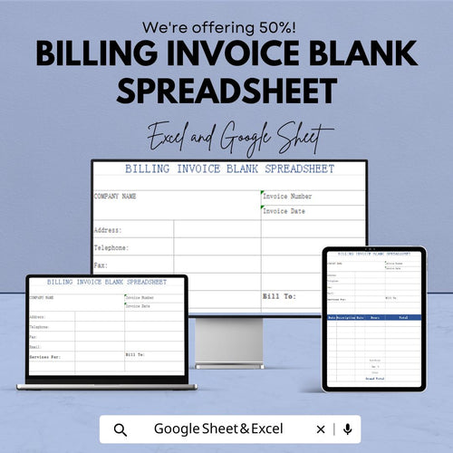 Billing Invoice Blank Spreadsheet | Excel & Google Sheets | Business Invoice Template | Service Billing | Digital Download