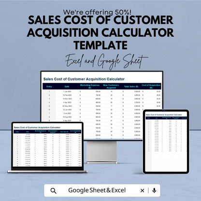 Sales Cost of Customer Acquisition Calculator Template | Marketing Cost Tracker | Customer Acquisition Analysis Spreadsheet