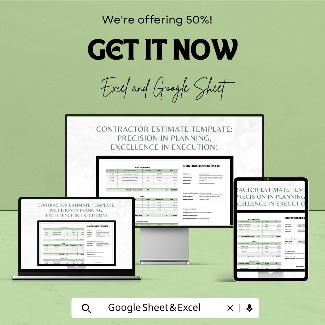 Contractor Estimate Template for Construction Projects | Excel & Google Sheets | 50% OFF