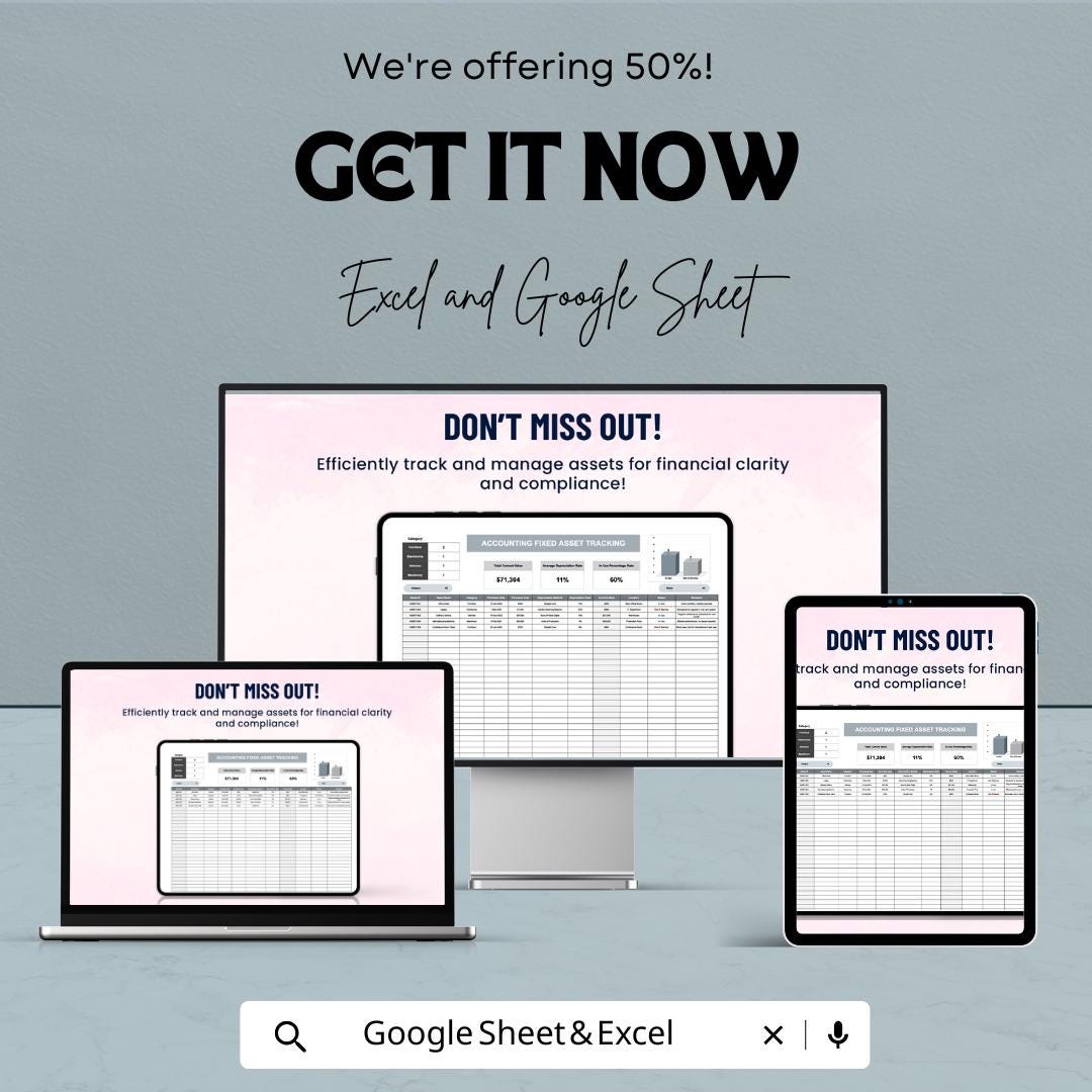 Accounting Fixed Asset Tracking Template | Asset Registry and Depreciation Sheet | Asset Management Log | Maintenance & Location Tracker