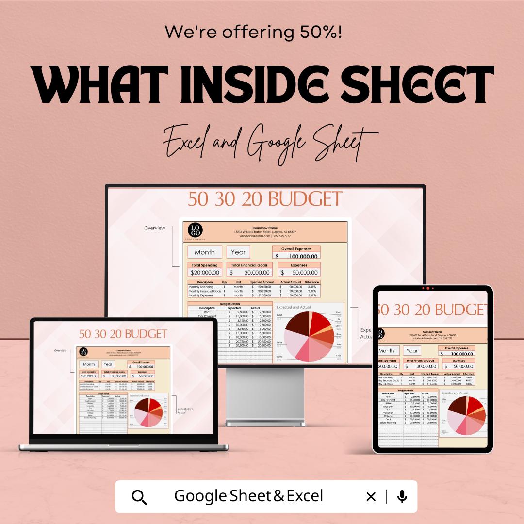 50 30 20 Budget Template | Monthly Budget Spreadsheet | Personal Finance Planner | Excel & Google Sheets
