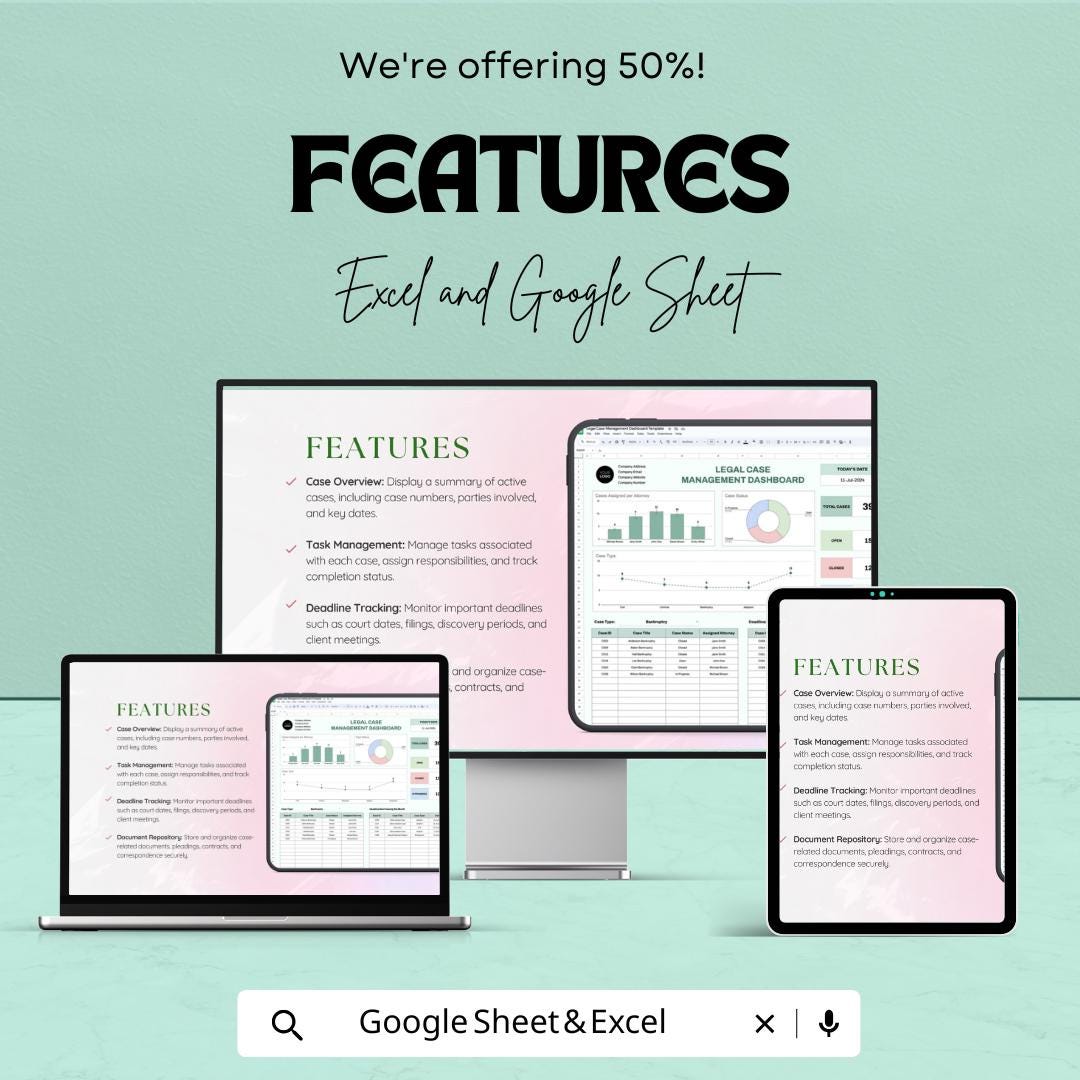 Legal Case Management Dashboard Sheet | Google Sheets Template for Case Tracking | Legal Case Overview | Task & Deadline Management
