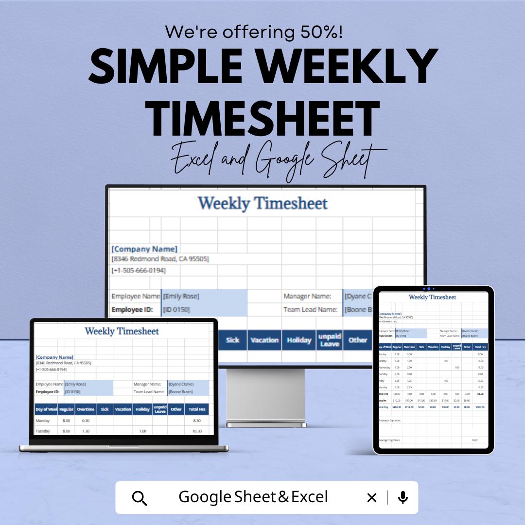 Simple Weekly Timesheet Template for Excel & Google Sheets | Track Work Hours | Instant Download | 50% Off