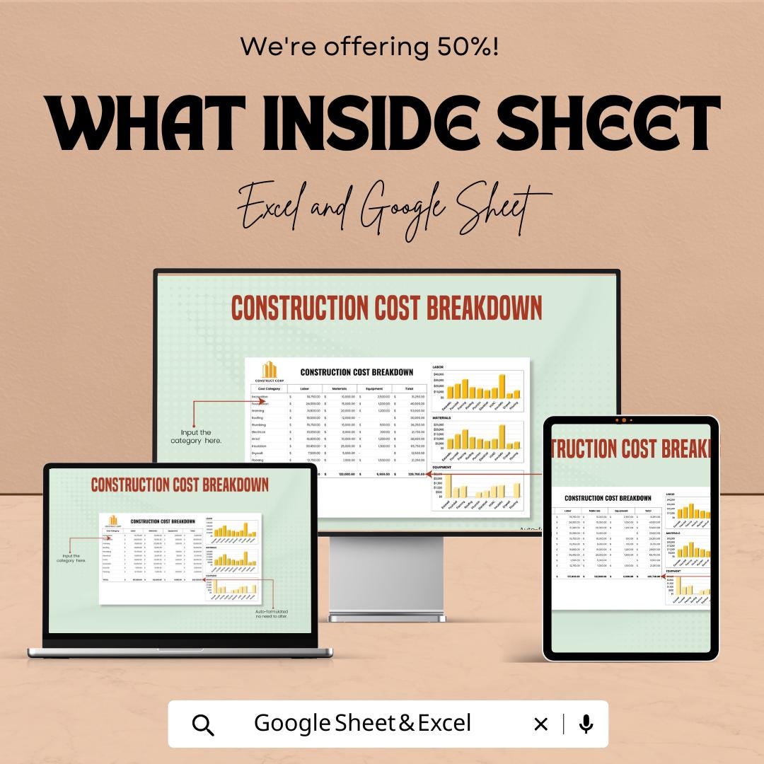 Construction Cost Breakdown Template  | Construction Budget Spreadsheet | Project Cost Estimator | Contractor Budget Planner