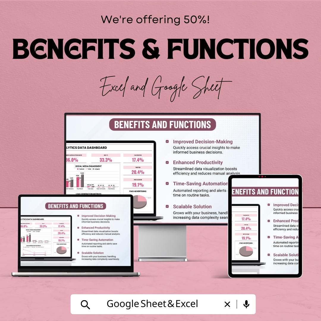 Analytics Data Dashboard - Track Metrics, Social Media, and Lead Generation Performance in Excel & Google Sheets